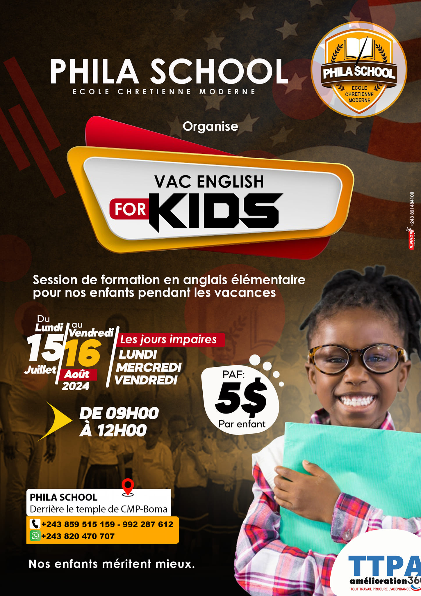 Affiche Vac English for Kids, session d'anglais des vacances 2024